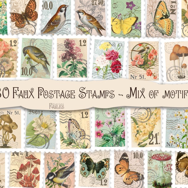 Faux Postage Stamps with Flowers, Butterflies, Mushrooms and Birds. Digital Printable Instant Download for Junk Journal, Journals Ephemera