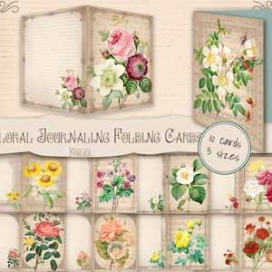 Bloemen vouwkaarten in drie maten, afdrukbaar junkjournaal, plakboek vintage ephemera, digitale ATC, collagevellen