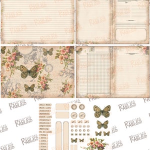 May include: A digital printable planner with a vintage aesthetic. The planner features a floral pattern with butterflies, a clock, and handwritten text. The planner includes sections for "This Week", "Wish List", "Tomorrow", "Remember", "Check List", "Urgently", "Deadline", "Importants", "Meeting", "To Do List", "Today", "Date", "Idea", "Goals", "Plans", and "Relax".