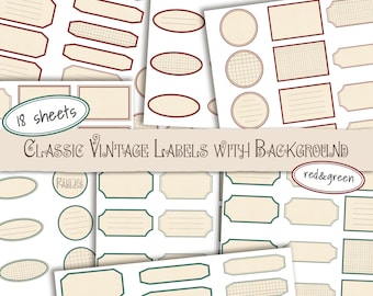 Classic Red and Green Labels with Background, Printable Vintage Labels Set, Retro Labels for Junk Journal, Scrapbook, Fussy Cut Labels