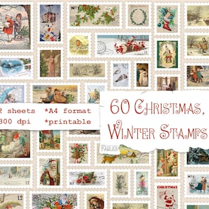 60 sellos navideños falsos, imprimibles de invierno, adornos para diarios, elementos de collage, efímeras para álbumes de recortes, manualidades con papel