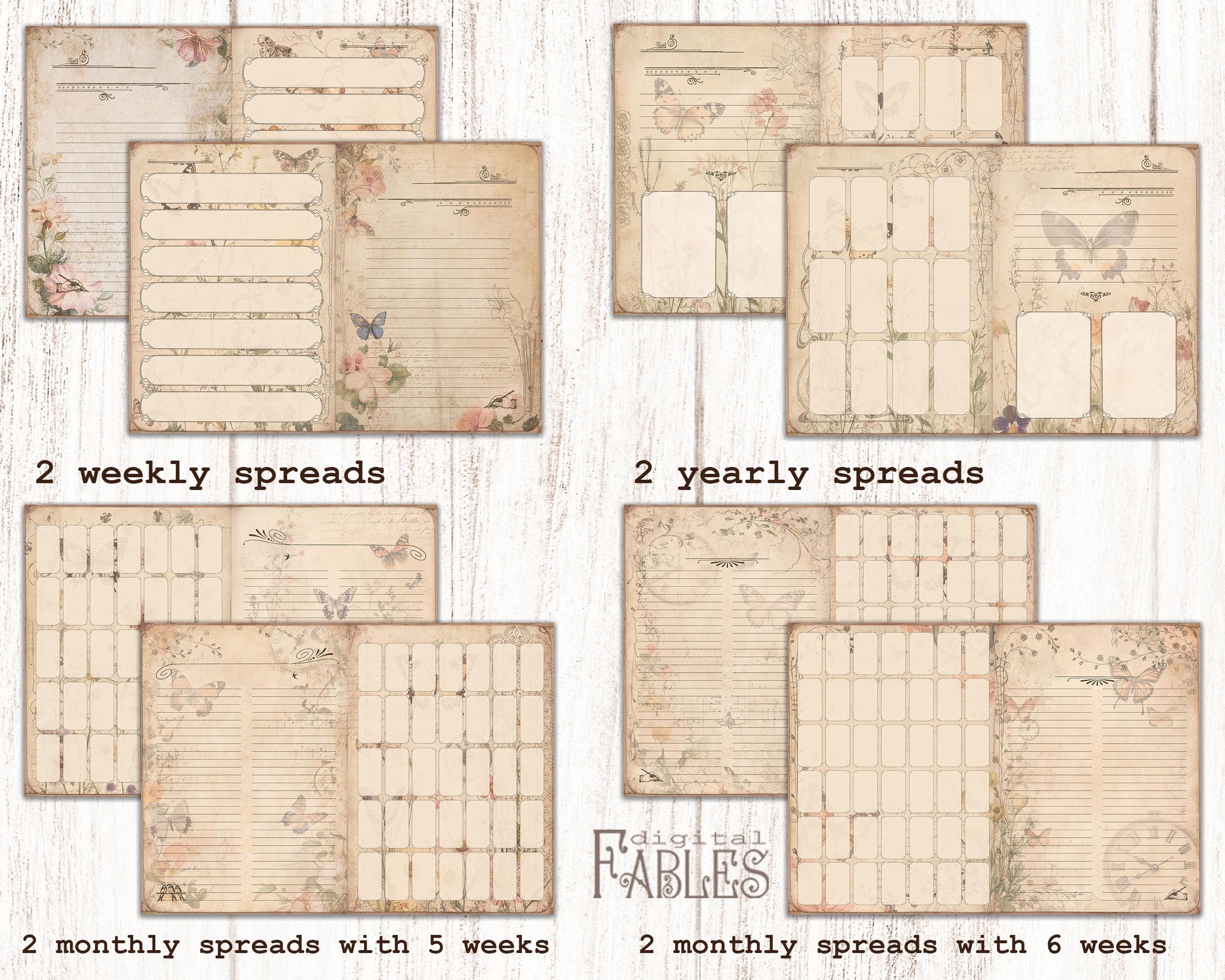 Planner Junk Journal Kit - Vintage Flowers, Undated Planner, Calendar ...