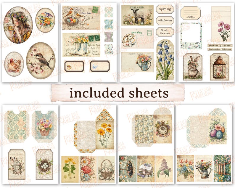 Puede incluir: Un paquete de papel digital con tem&aacute;tica primaveral. El paquete incluye im&aacute;genes de p&aacute;jaros, flores, mariposas y otros elementos de tem&aacute;tica primaveral. Las im&aacute;genes son de estilo vintage y son perfectas para scrapbooking, creaci&oacute;n de tarjetas y otras manualidades de papel.