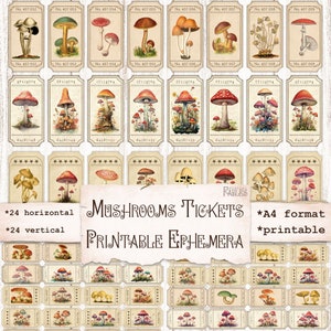 Mushrooms Faux Vintage Tickets, Junk Journal Ephemera, Tickets Strip, Digital Printable, Horizontal & Vertical, Scrapbook Embellishments