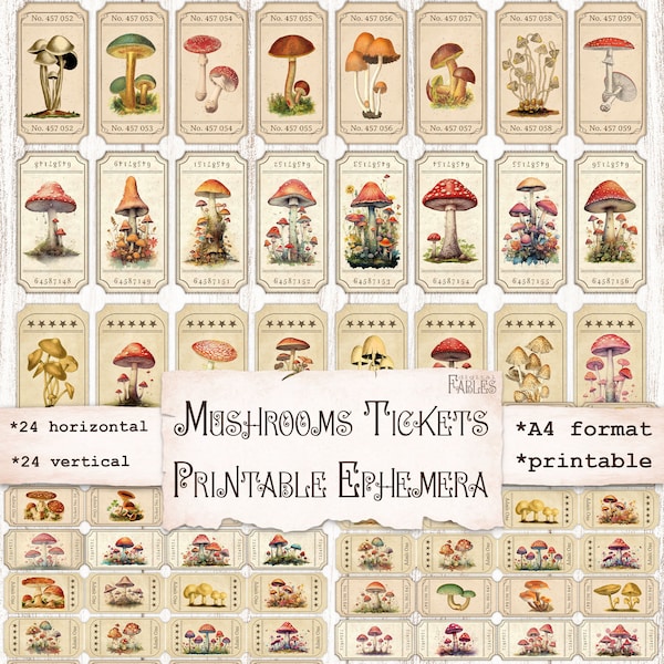 Mushrooms Faux Vintage Tickets, Junk Journal Ephemera, Tickets Strip, Digital Printable, Horizontal & Vertical, Scrapbook Embellishments