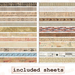 May include: A digital collage sheet with 18 different vintage-style patterned strips. The strips feature various designs, including musical notes, floral borders, checkered patterns, and handwritten text. The sheet is labeled "included sheets".