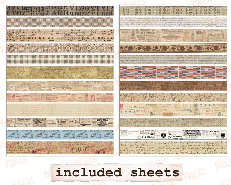May include: A digital collage sheet with 18 different vintage-style patterned strips. The strips feature various designs, including musical notes, floral borders, checkered patterns, and handwritten text. The sheet is labeled "included sheets".