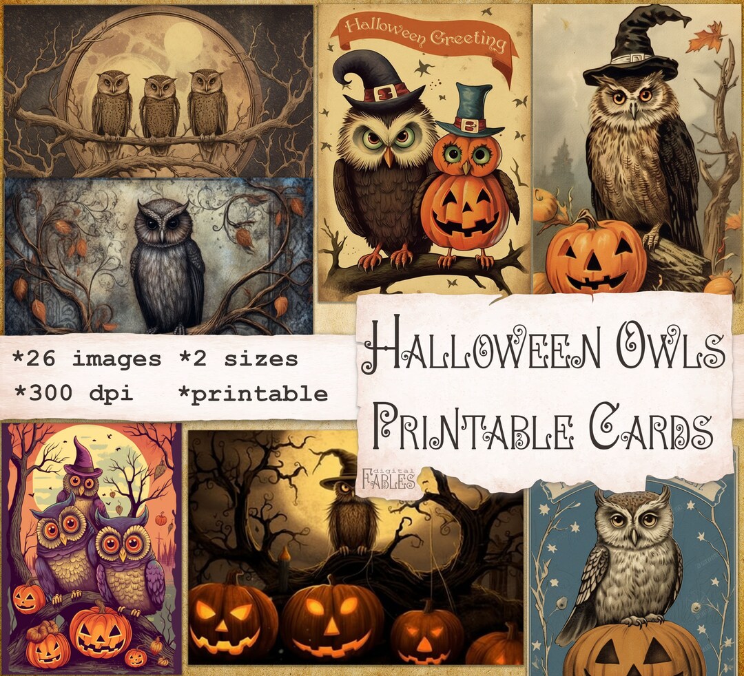 Halloween Owls ATC Cards in Vintage, Retro Post Cards Style, Printable ...