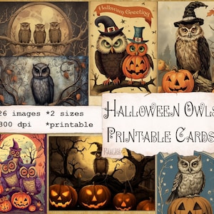 Cartões ATC de corujas de Halloween em estilo vintage, cartões postais retrô, coisas efêmeras assustadoras para impressão, diário de lixo, álbum de recortes, confecção de cartões, artesanato em papel