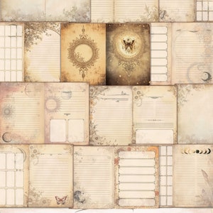 May include: A printable boho planner journal kit with 18 sheets in A4 format. The pages feature a variety of designs with celestial, floral, and geometric patterns. The kit is perfect for journaling, planning, and creating art.