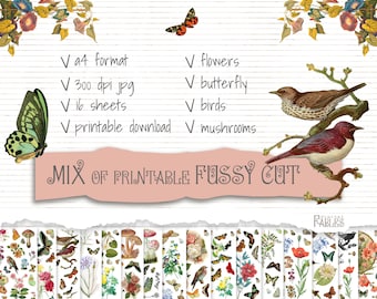 Fussy Cutting Images:flowers, butterflies, mushrooms. For decorating junk journal, bullet journal, art journal, decoupage Printable download