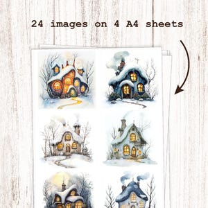 May include: Four sheets of paper with 24 images of wintery houses with snow on the roofs and lit windows. The text "What You Get" and "24 images on 4 A4 sheets" is printed on the top of the paper.