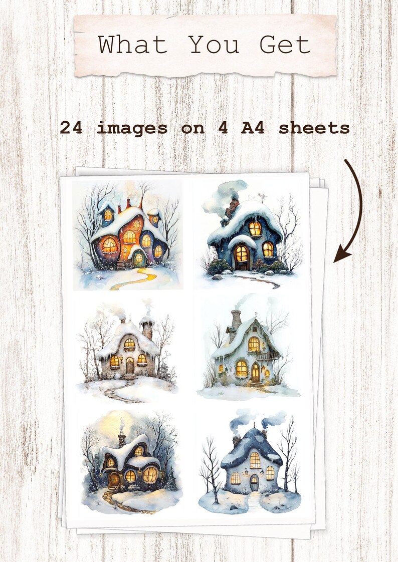 May include: Four sheets of paper with 24 images of wintery houses with snow on the roofs and lit windows. The text "What You Get" and "24 images on 4 A4 sheets" is printed on the top of the paper.