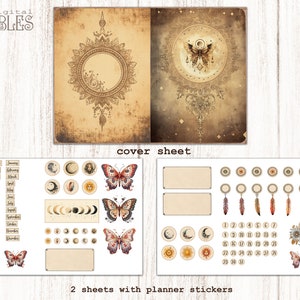 May include: Two printable sheets for a planner with a cover sheet featuring a mandala design with a butterfly and a moon. The second sheet includes planner stickers with butterflies, moons, suns, feathers, and numbers.