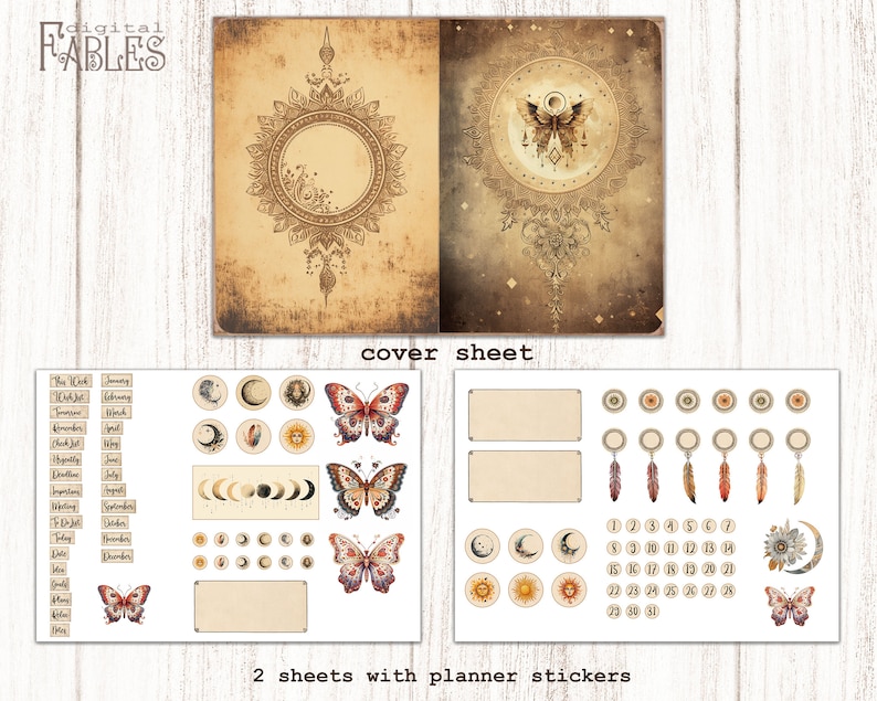 May include: Two printable sheets for a planner with a cover sheet featuring a mandala design with a butterfly and a moon. The second sheet includes planner stickers with butterflies, moons, suns, feathers, and numbers.
