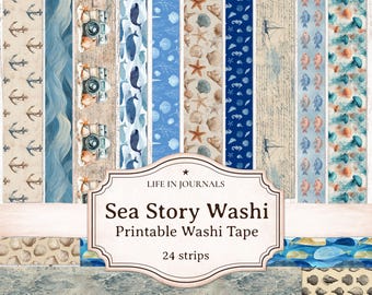 Sea Story Washi Tape Strips, Nautical  Planner Printable, Marine Scrapbook Supplies, Junk Journal, Collage, Digital Download, Faux Washi