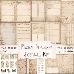May include: A printable floral planner journal kit with 23 sheets in A4 format. The kit features a vintage aesthetic with floral patterns, butterflies, and handwritten text. The text reads "Floral Planner Journal Kit" and "*23 sheets *300 dpi *A4 format *printable".