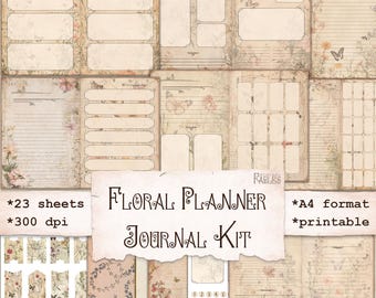 Planner Junk Journal Kit - Vintage Flowers, Undated Planner, Calendar, Lined Dotted Paper, Bullet Journal, Monthly, Weekly, Instant Download