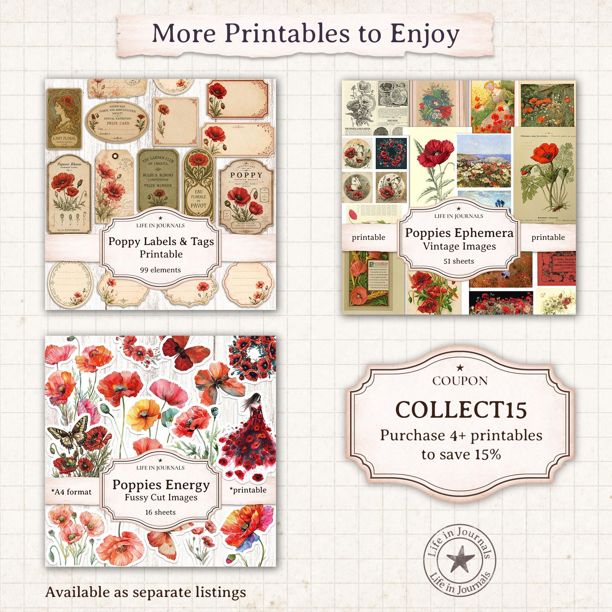 Poppy Labels & Tags Printable, Vintage Botanical Ephemera, Junk Journal ...