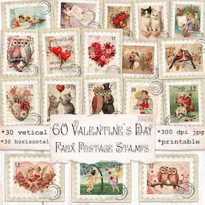 60 sellos postales falsos para el día de San Valentín, efímeras de amor, imprimibles digitales para diarios basura, álbumes de recortes, manualidades de papel, adornos para San Valentín