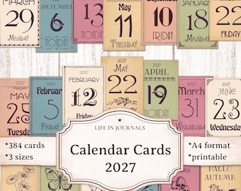 May include: A collection of rectangular 2027 calendar cards in various colors including cream, blue, pink, and green. Each card features a month, date, and day of the week in dark brown text. Some cards display botanical illustrations like flowers, butterflies, and mushrooms. A central label reads Life in Journals Calendar Cards 2027, 384 cards, 3 sizes, A4 format, printable.