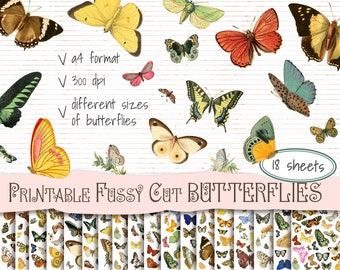 Vintage Butterflies Fussy Cut Images, Printable Download. Decorating junk journal, bullet journal, art journal, as collage elements