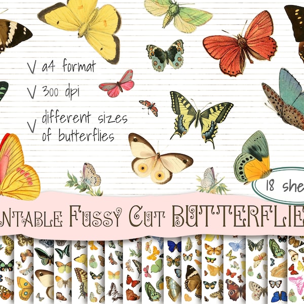 Fussy Cut Butterflies, Printable Download. For decorating junk journal, bullet journal, art journal, as collage elements