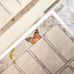 May include: A vintage-style paper with a butterfly design and multiple blank frames. The paper has a light brown background with a faded floral pattern and a light blue grid pattern. The butterfly is orange and brown with black markings. The frames are outlined in black and have a decorative border. The paper has the word "FABLES" printed in the top right corner.