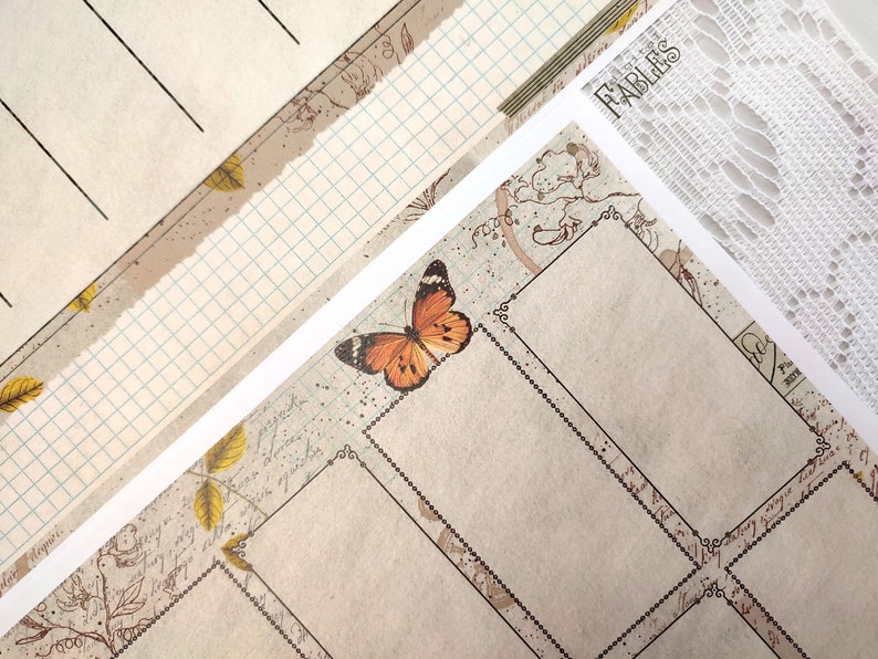 May include: A vintage-style paper with a butterfly design and multiple blank frames. The paper has a light brown background with a faded floral pattern and a light blue grid pattern. The butterfly is orange and brown with black markings. The frames are outlined in black and have a decorative border. The paper has the word "FABLES" printed in the top right corner.