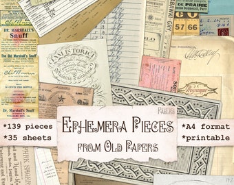 May include: A collage of vintage ephemera pieces from old papers, including receipts, labels, and handwritten notes. The image features text that reads "Ephemera Pieces From Old Papers", "*139 pieces", "*35 sheets", and "*A4 format *printable".