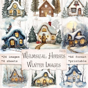 May include: A set of 24 printable images featuring whimsical winter houses in various styles. The houses are decorated with snow, lights, and wreaths. The images are perfect for scrapbooking, card making, and other craft projects.