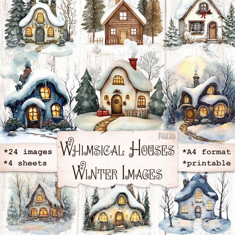 May include: A set of 24 printable images featuring whimsical winter houses in various styles. The houses are decorated with snow, lights, and wreaths. The images are perfect for scrapbooking, card making, and other craft projects.