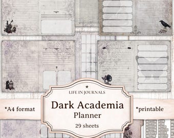 Dark Academia Planner Printable, Vintage Gothic Undated Planner, Victorian Lined Dotted Paper, Bullet Journal, Monthly, Weekly, Poe Inspired