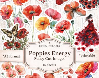 Poppies Energy Fussy Cuts, Botanical, Nature Ephemera, Printable Download, Decorating Journals, Collage Elements, Scrapbooking, Paper Crafts