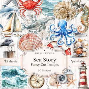 Könnte beinhalten: Eine Sammlung von Aquarellbildern zum Thema Meer, darunter eine rote Krabbe, ein blauer Oktopus, ein Seepferdchen und Muscheln. Der Text lautet "Sea Story Fussy Cut Images" mit "90 images" und "*15 Blätter" und "*druckbar".