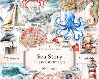 Sea Story Fussy Cut Watercolor Images, Nautical Ephemera Printable, Ocean & Sailing Embellishments, Marine Junk Journal Kit, Scrapbooking