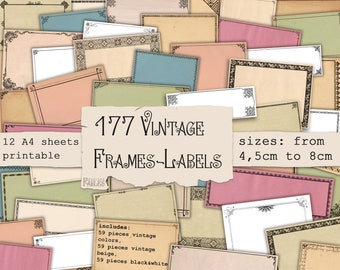 Vintage Frames, Labels for Journals, Black&White, Vintage Beige,Colors. Digital Printable, Junk Journal, Ephemera Fussy Cuts Set, ArtJournal