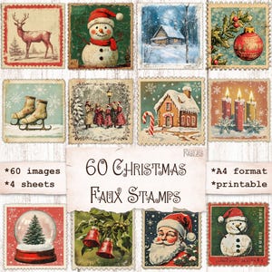 60 Weihnachten Faux quadratische Briefmarken, Vintage Urlaub Porto druckbare Download, Winter Journal Verschönerung, Scrapbook Ephemera, Collage Sheet