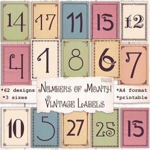 Vintage Monthly Number Labels - Printable Ephemera for Journals and Scrapbooks, Retro Number Set for Junk Journal, Bullet Journal, Planner