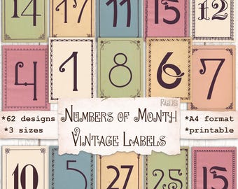 May include: A set of vintage-style printable labels featuring numbers 1 through 12, 14, 15, 17, 25, and 27. The labels are in various colors and have a distressed, antique look. The text "Numbers of Month Vintage Labels" is included in the image.