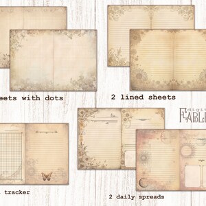 May include: A set of printable digital planner pages with a vintage aesthetic. The pages include two sheets with dots, two lined sheets, a habit tracker, and two daily spreads. The pages feature a floral design with a butterfly.