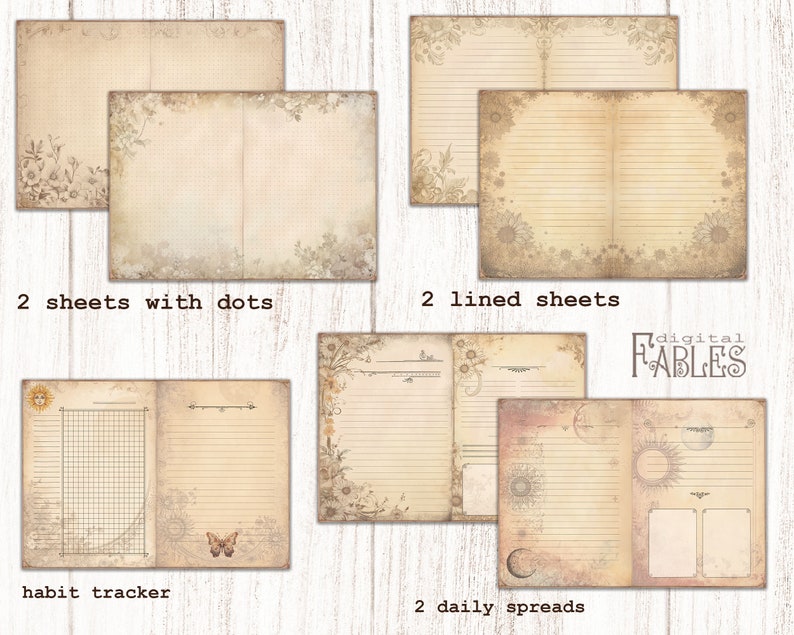 May include: A set of printable digital planner pages with a vintage aesthetic. The pages include two sheets with dots, two lined sheets, a habit tracker, and two daily spreads. The pages feature a floral design with a butterfly.