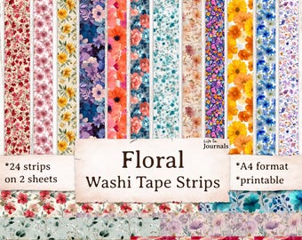 Floral Washi Tape Strips, Junk Journal Printable, Planner, Scrapbook Supplies, Collage, Digital Download, Faux Washi