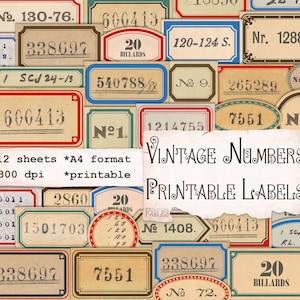 Vintage Numbers on Retro Lables, Printable Junk Journal Ephemera, Collage, Digital Scrapbook Kit, Vintage Embellishment, Red Labels