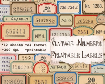 Vintage Numbers on Retro Lables, Printable Junk Journal Ephemera, Collage, Digital Scrapbook Kit, Vintage Embellishment, Red Labels