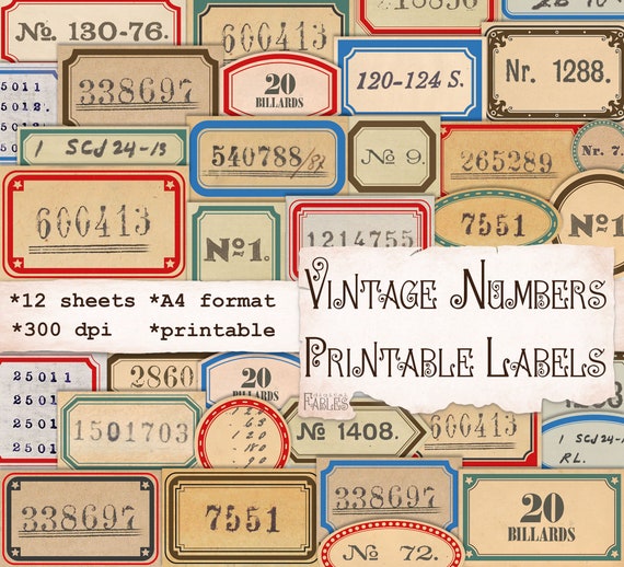 Vintage Numbers on Retro Lables, Printable Junk Journal Ephemera, Collage, Digital Scrapbook Kit, Vintage Embellishment, Red Labels