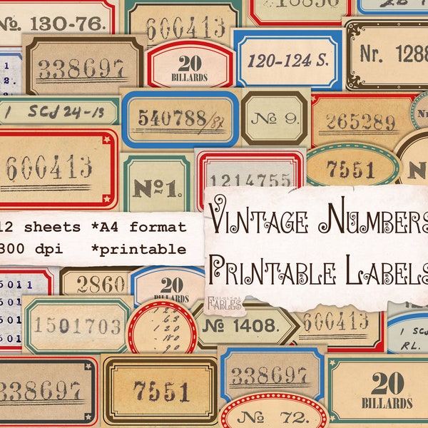 Vintage Numbers on Retro Lables, Printable Junk Journal Ephemera, Collage, Digital Scrapbook Kit, Vintage Embellishment, Red Labels