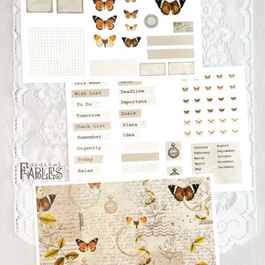 May include: A digital planner sticker sheet with a vintage aesthetic. The sheet features butterflies, clocks, and handwritten text. The sheet also includes a section for planning with headings like "Wish List", "To Do", "Deadline", and "Goals".