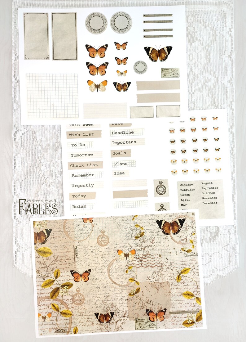May include: A digital planner sticker sheet with a vintage aesthetic. The sheet features butterflies, clocks, and handwritten text. The sheet also includes a section for planning with headings like "Wish List", "To Do", "Deadline", and "Goals".