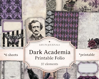 Gothic Dark Academia - Spooky Printable Junk Journal Folio with Victorian Pockets, Tags & Ephemera - Poe Inspired Scrapbook Halloween Kit